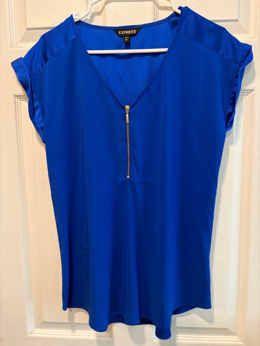 Express Women's Cobalt Blue V‑Neck Blouse with Gold Zip